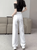 Women’s White Vintage Wide Leg Jeans – High Waist Loose Fit, Slimming Drapey Breathable Straight Floor-Length Denim Pants