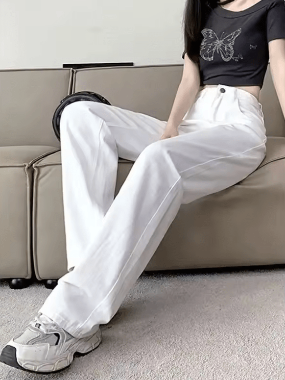 Women’s White Vintage Wide Leg Jeans – High Waist Loose Fit, Slimming Drapey Breathable Straight Floor-Length Denim Pants