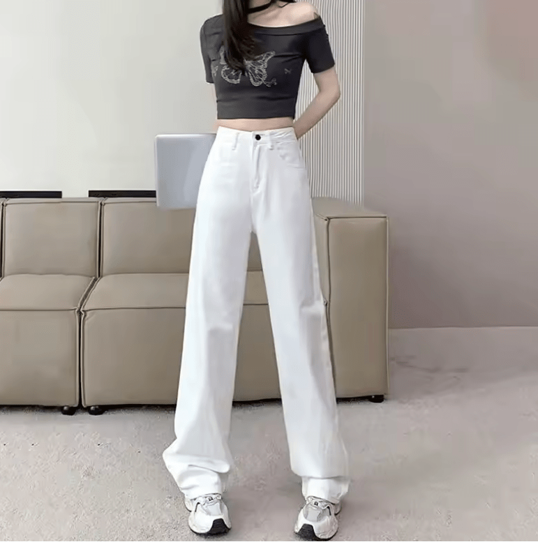 Women’s White Vintage Wide Leg Jeans – High Waist Loose Fit, Slimming Drapey Breathable Straight Floor-Length Denim Pants