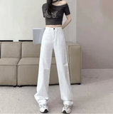 Women’s White Vintage Wide Leg Jeans – High Waist Loose Fit, Slimming Drapey Breathable Straight Floor-Length Denim Pants