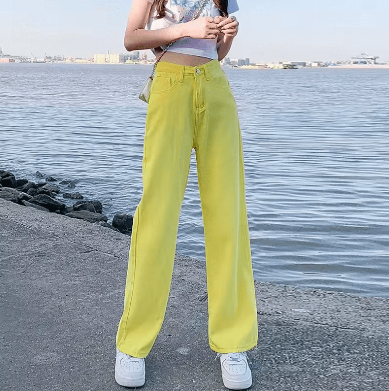 Women’s High Waist Wide Leg Yellow Jeans – Loose Fit Straight Leg Floor-Length Trousers, Summer Fashion Hot Sale