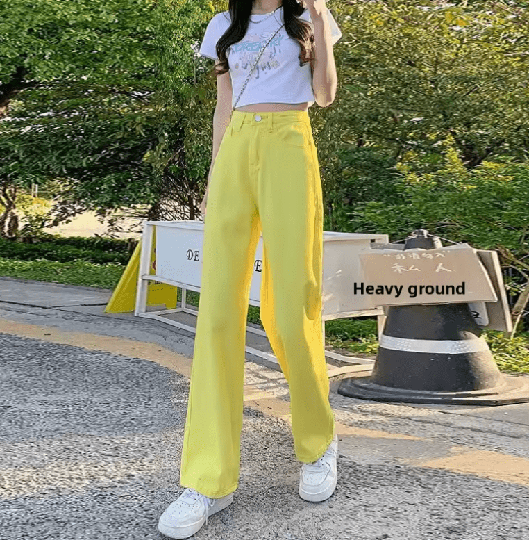 Women’s High Waist Wide Leg Yellow Jeans – Loose Fit Straight Leg Floor-Length Trousers, Summer Fashion Hot Sale