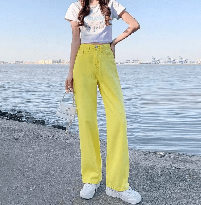 Women’s High Waist Wide Leg Yellow Jeans – Loose Fit Straight Leg Floor-Length Trousers, Summer Fashion Hot Sale