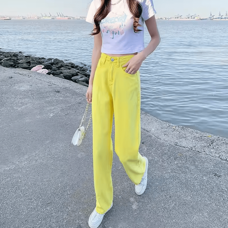 Women’s High Waist Wide Leg Yellow Jeans – Loose Fit Straight Leg Floor-Length Trousers, Summer Fashion Hot Sale