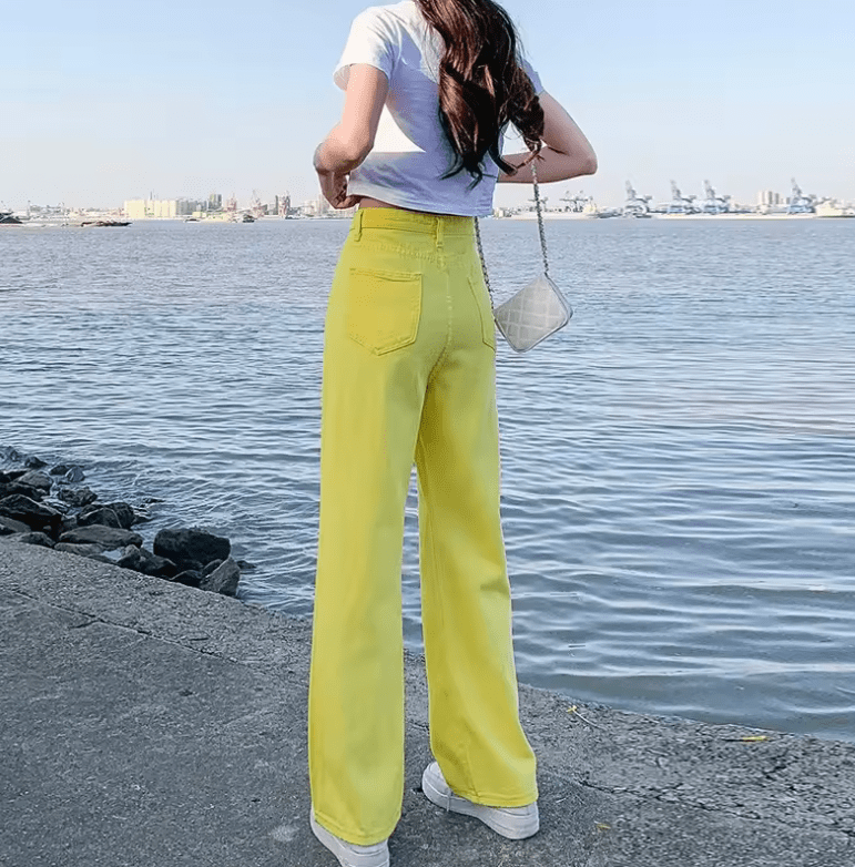 Women’s High Waist Wide Leg Yellow Jeans – Loose Fit Straight Leg Floor-Length Trousers, Summer Fashion Hot Sale