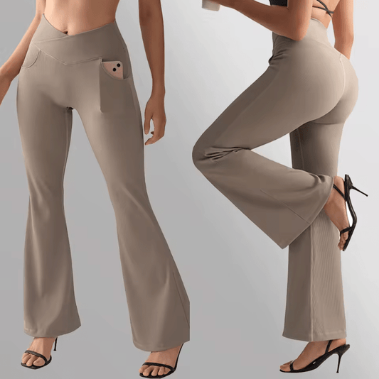 Women’s Flared Yoga Pants with Pockets – V Waist Tummy Control Fitness Leggings, Long Flared Leg Casual Workout Pants