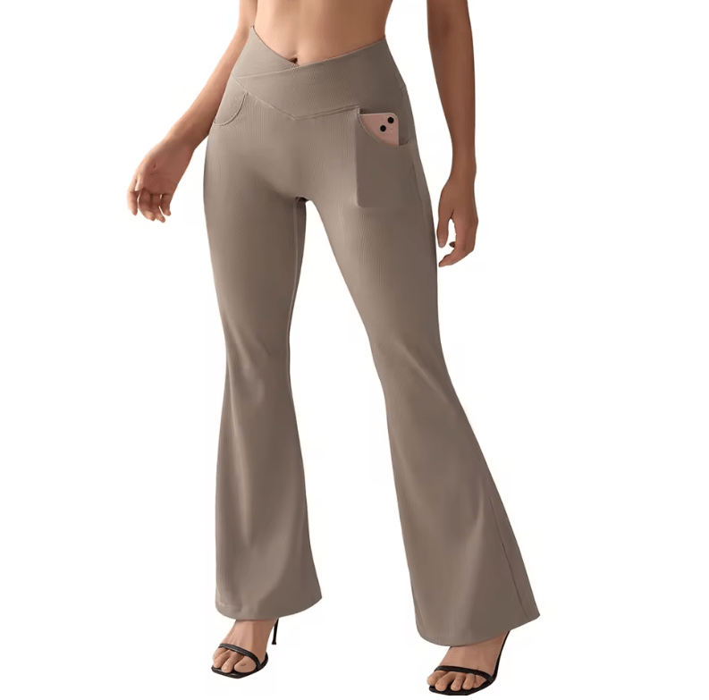 Women’s Flared Yoga Pants with Pockets – V Waist Tummy Control Fitness Leggings, Long Flared Leg Casual Workout Pants