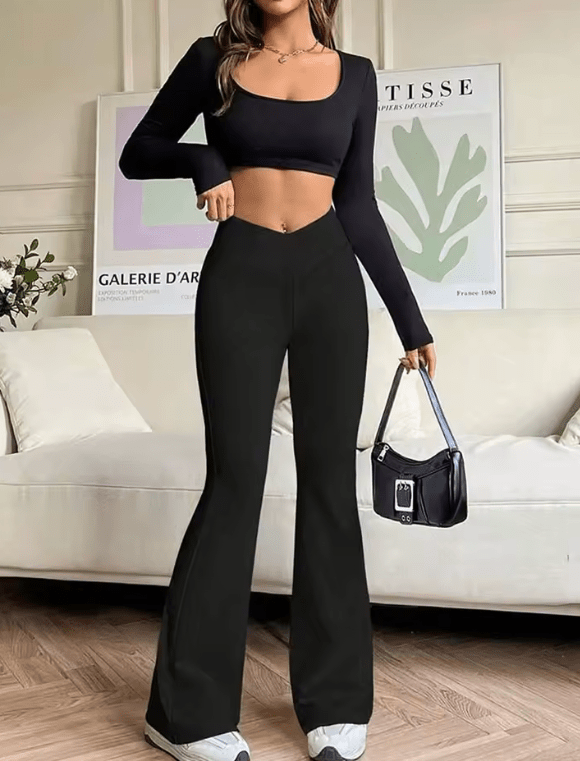Women’s Black Slim Fit Bell Bottom Pants – Sexy Summer Streetwear Knit Trousers | Casual High-Waisted Skinny Flared Pants for Elegant & Versatile Style