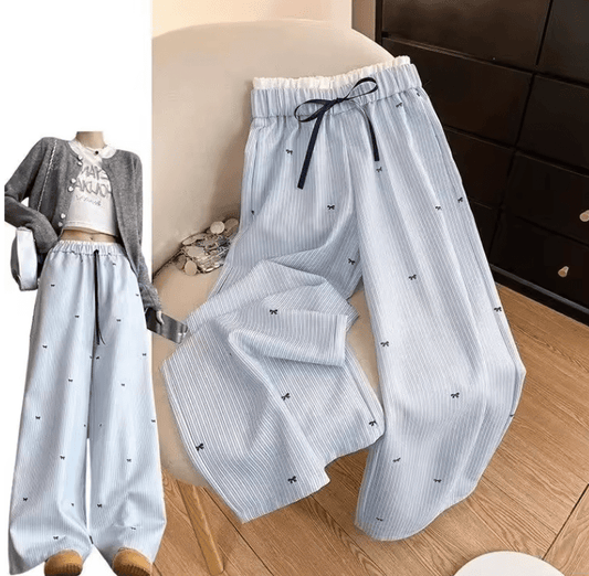Women’s Blue Striped Wide Leg Pants – Lightweight Summer Straight Trousers | Casual Petite Fit Design for Small Stature