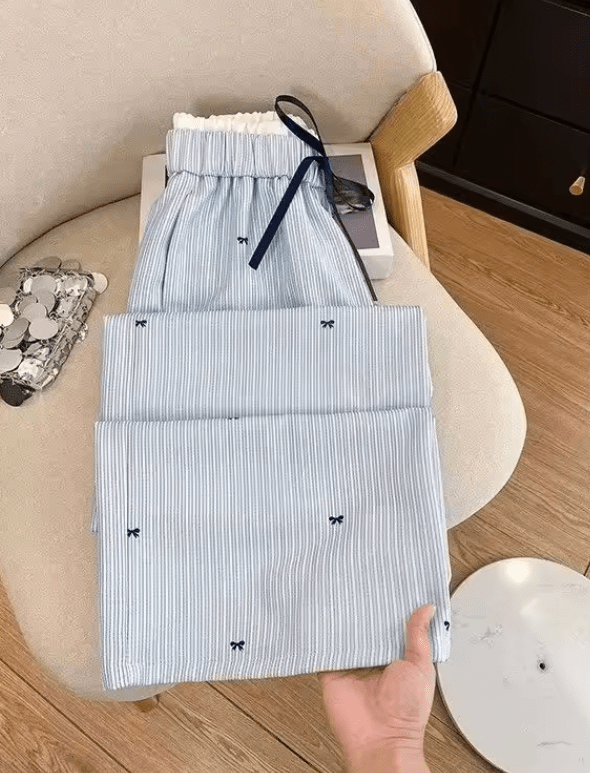 Women’s Blue Striped Wide Leg Pants – Lightweight Summer Straight Trousers | Casual Petite Fit Design for Small Stature