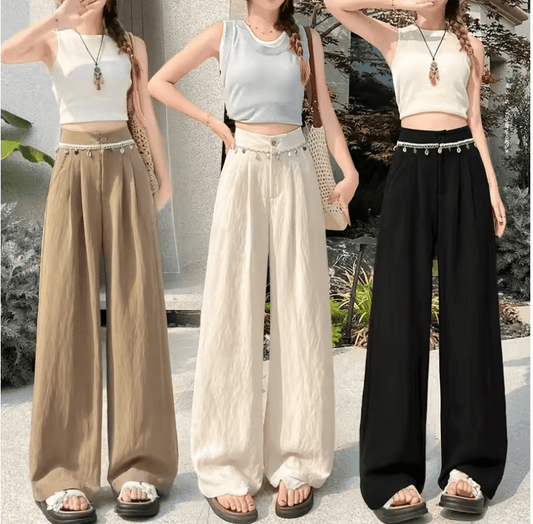 Women’s Summer Shell Decor Wide Leg Beach Pants – Lightweight High Waist Loose Fit Trousers | Comfortable & Slimming Vacation Long Pants