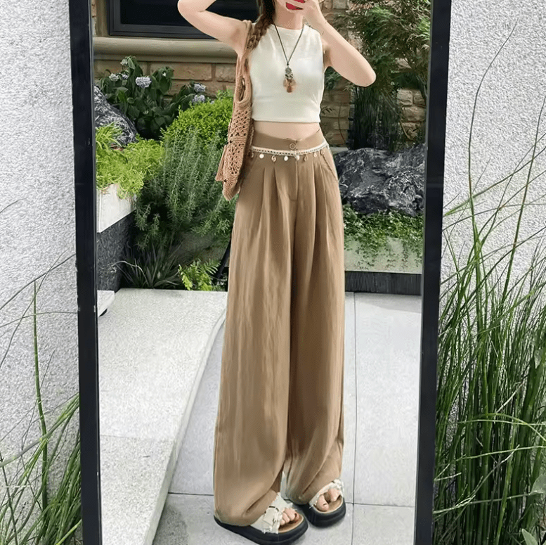 Women’s Summer Shell Decor Wide Leg Beach Pants – Lightweight High Waist Loose Fit Trousers | Comfortable & Slimming Vacation Long Pants