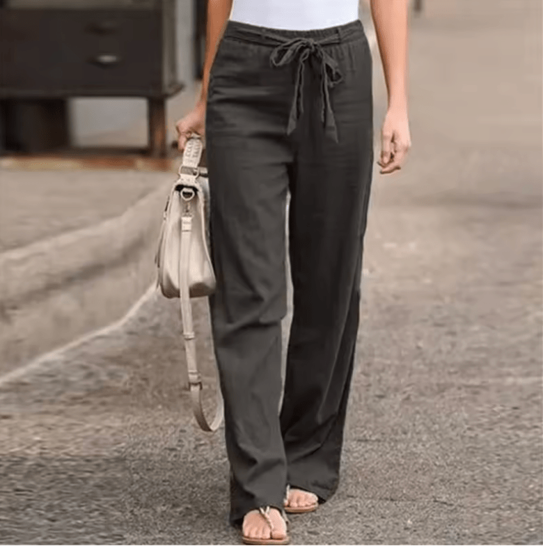 2025 Women’s Cotton Linen Ankle-Length Pants – Summer Solid Color Casual Trousers with Elastic Waist | Loose Fit Straight-Leg Lightweight Comfort