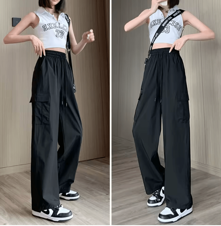 Women’s High Waist Baggy Cargo Pants – Spring Summer Wide Leg Straight Trousers | Vintage Casual Elastic Waist Streetwear
