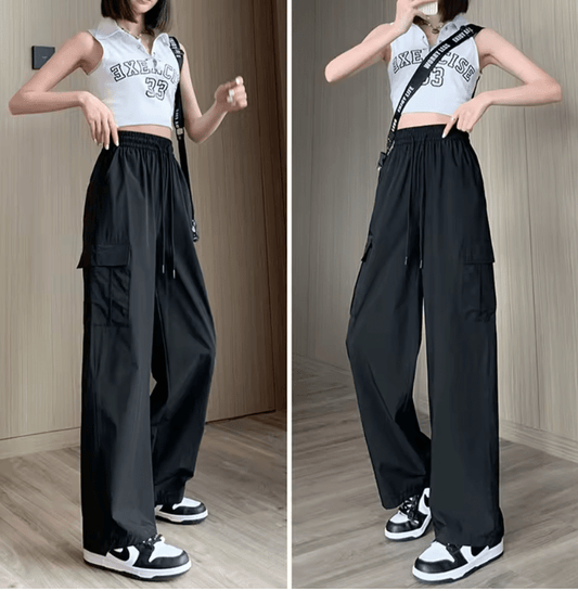 Women’s High Waist Baggy Cargo Pants – Spring Summer Wide Leg Straight Trousers | Vintage Casual Elastic Waist Streetwear