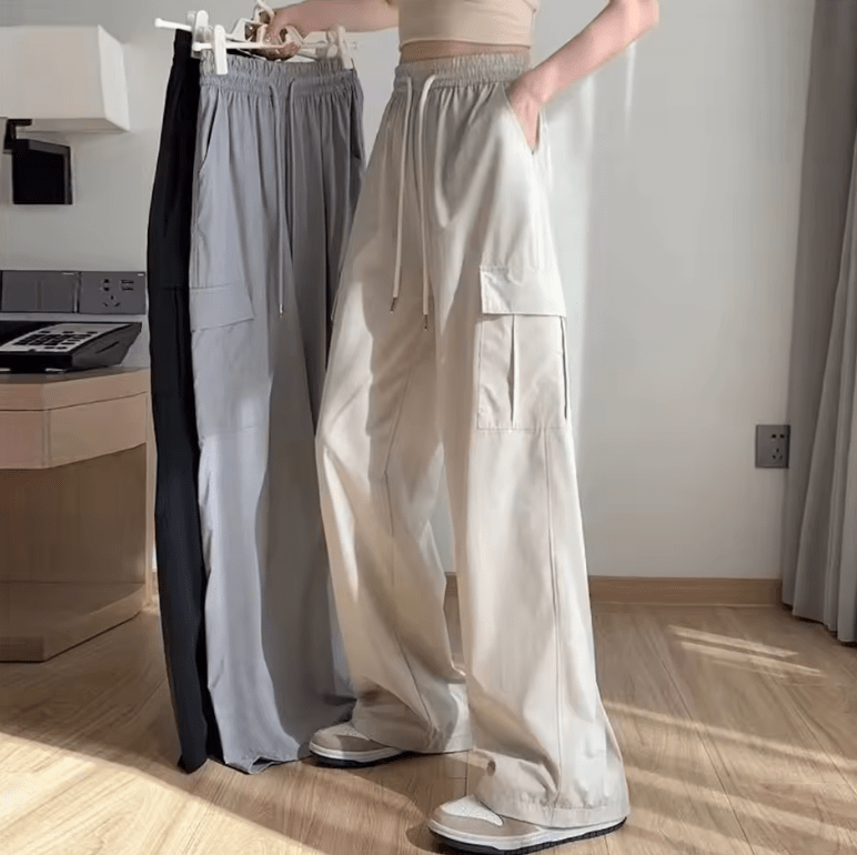Women’s High Waist Baggy Cargo Pants – Spring Summer Wide Leg Straight Trousers | Vintage Casual Elastic Waist Streetwear