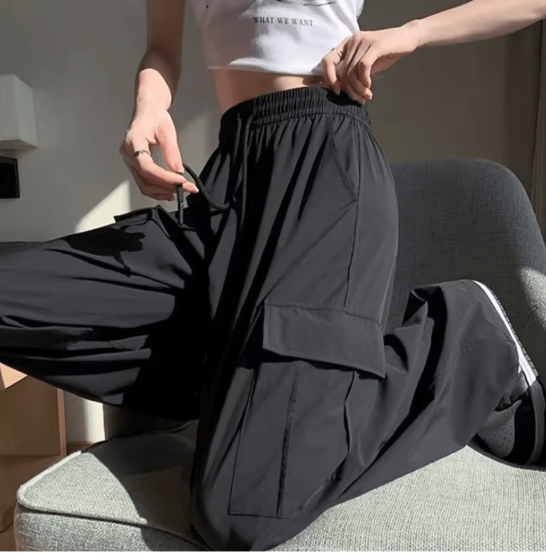 Women’s High Waist Baggy Cargo Pants – Spring Summer Wide Leg Straight Trousers | Vintage Casual Elastic Waist Streetwear