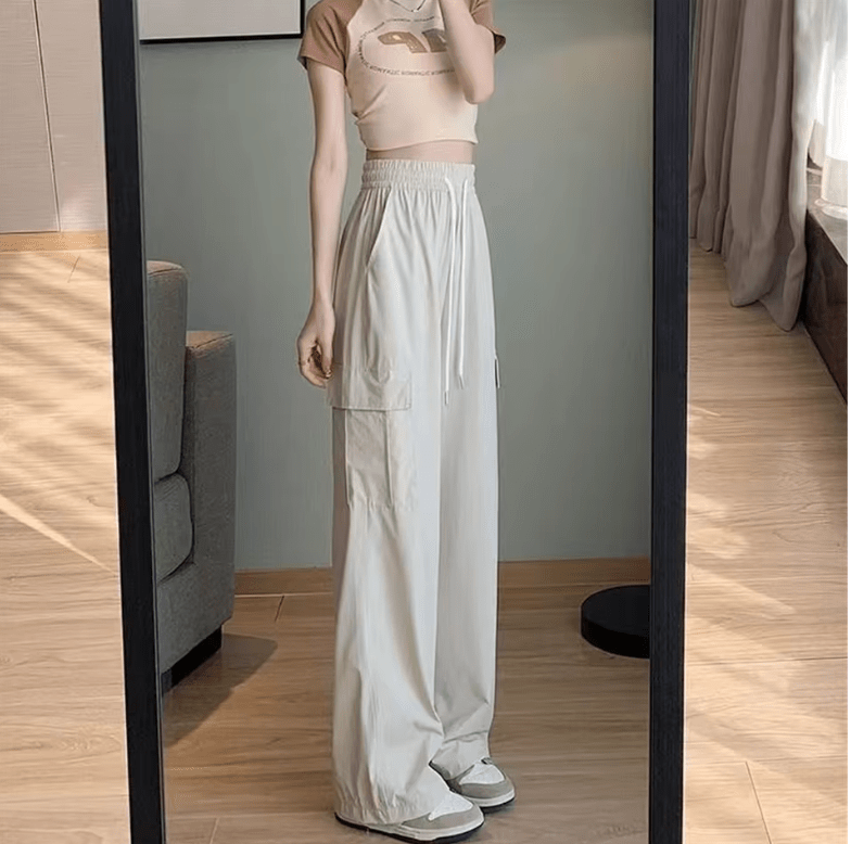 Women’s High Waist Baggy Cargo Pants – Spring Summer Wide Leg Straight Trousers | Vintage Casual Elastic Waist Streetwear