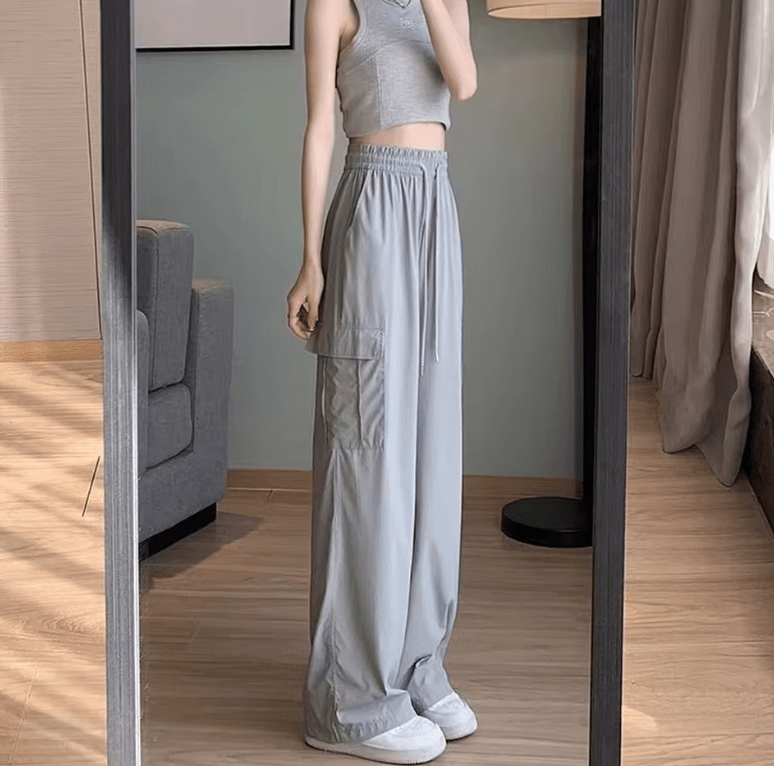 Women’s High Waist Baggy Cargo Pants – Spring Summer Wide Leg Straight Trousers | Vintage Casual Elastic Waist Streetwear