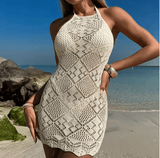 Women’s Sexy Halter Knit Bodycon Mini Dress – Crochet Hollow Out Sleeveless Swimsuit Cover-Up | Beach Bikini Overlay for Summer Vacations