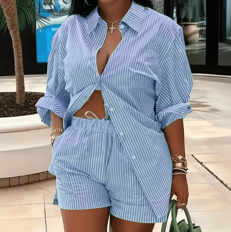 Women’s Blue Striped Summer Shirt and Shorts Set – Casual Two-Piece Vacation Outfit | Lightweight Short Sleeve Button-Up & Matching Shorts