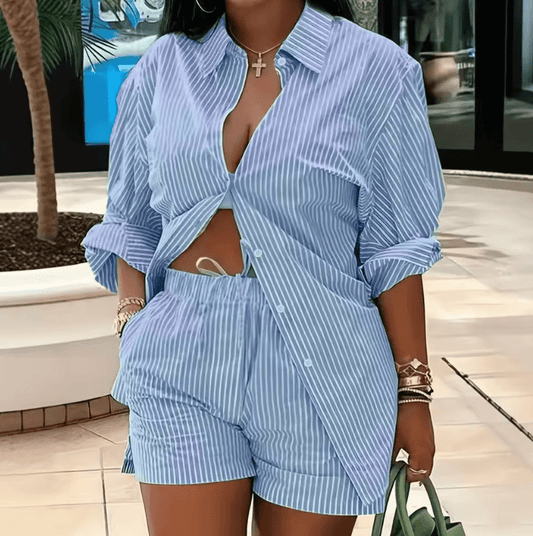 Women’s Blue Striped Summer Shirt and Shorts Set – Casual Two-Piece Vacation Outfit | Lightweight Short Sleeve Button-Up & Matching Shorts