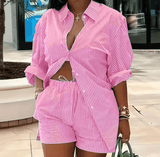 Women’s Blue Striped Summer Shirt and Shorts Set – Casual Two-Piece Vacation Outfit | Lightweight Short Sleeve Button-Up & Matching Shorts