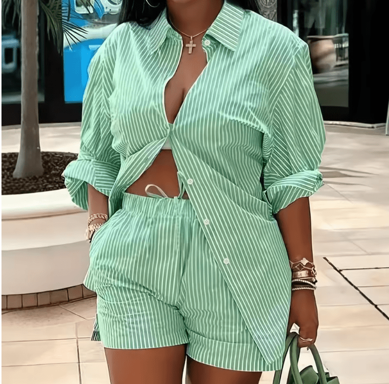 Women’s Blue Striped Summer Shirt and Shorts Set – Casual Two-Piece Vacation Outfit | Lightweight Short Sleeve Button-Up & Matching Shorts