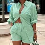 Women’s Blue Striped Summer Shirt and Shorts Set – Casual Two-Piece Vacation Outfit | Lightweight Short Sleeve Button-Up & Matching Shorts