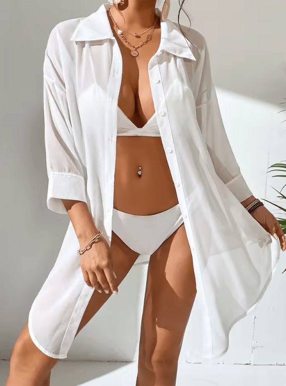 Women’s Sexy White Sheer Chiffon Shirt – Long Sleeve Summer Beach Cover-Up | Lightweight Sunscreen Loose Fit Blouse for Casual Holiday Style
