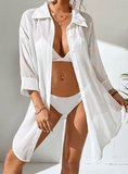 Women’s Sexy White Sheer Chiffon Shirt – Long Sleeve Summer Beach Cover-Up | Lightweight Sunscreen Loose Fit Blouse for Casual Holiday Style