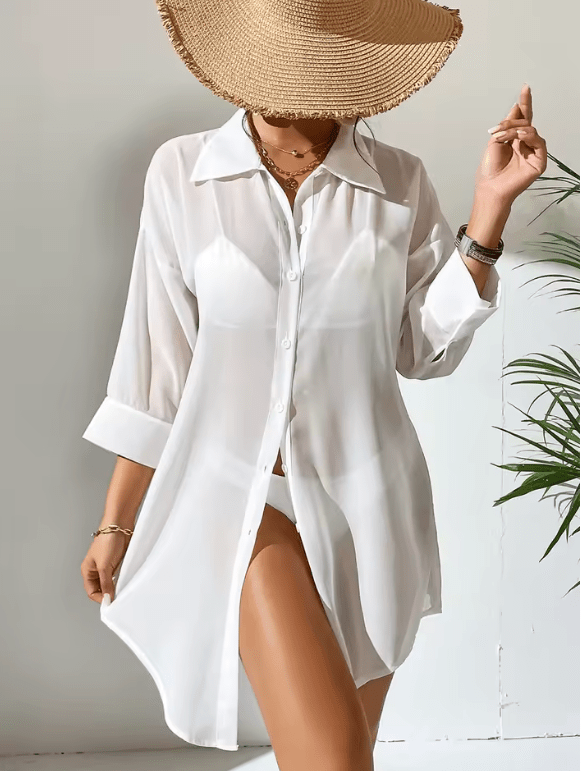Women’s Sexy White Sheer Chiffon Shirt – Long Sleeve Summer Beach Cover-Up | Lightweight Sunscreen Loose Fit Blouse for Casual Holiday Style