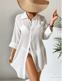 Women’s Sexy White Sheer Chiffon Shirt – Long Sleeve Summer Beach Cover-Up | Lightweight Sunscreen Loose Fit Blouse for Casual Holiday Style