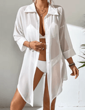 Women’s Sexy White Sheer Chiffon Shirt – Long Sleeve Summer Beach Cover-Up | Lightweight Sunscreen Loose Fit Blouse for Casual Holiday Style