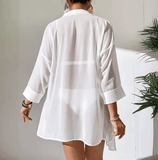 Women’s Sexy White Sheer Chiffon Shirt – Long Sleeve Summer Beach Cover-Up | Lightweight Sunscreen Loose Fit Blouse for Casual Holiday Style