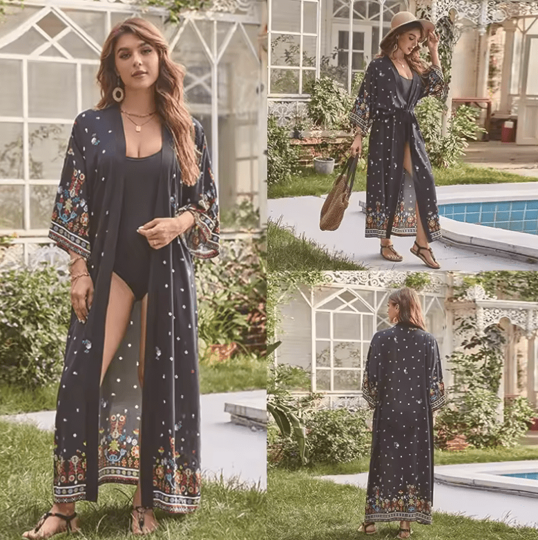 Women’s Cotton Holiday Print Beach Cardigan – Long Lightweight Sun Protection Cover-Up | Summer Outerwear for Bikini & Swimwear