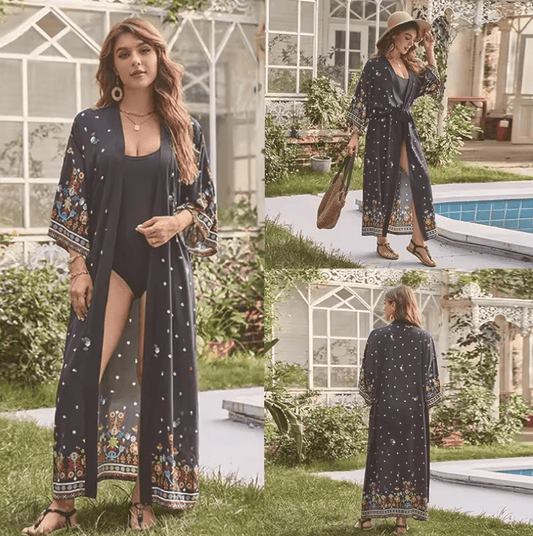 Women’s Cotton Holiday Print Beach Cardigan – Long Lightweight Sun Protection Cover-Up | Summer Outerwear for Bikini & Swimwear