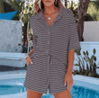 Women’s Striped Two-Piece Set – Loose Fit Round Neck Short Sleeve Top & Matching Shorts | Casual Spring Summer Loungewear Outfit