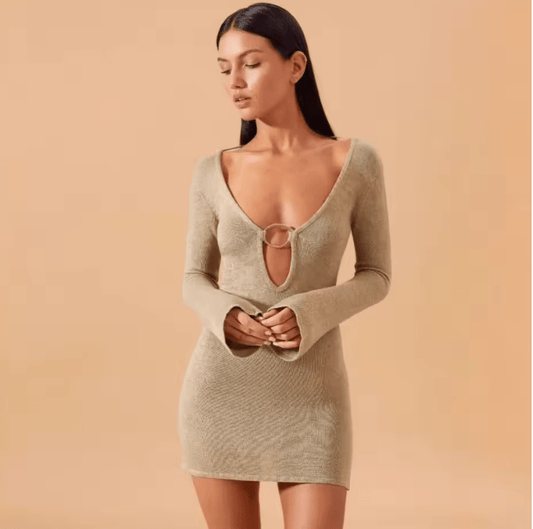 Women’s Sexy Hollow-Out Bodycon Beach Dress – Long Sleeve Ring Detail Cutout Dress | Sleeveless-Look Illusion Spring Summer New Arrival