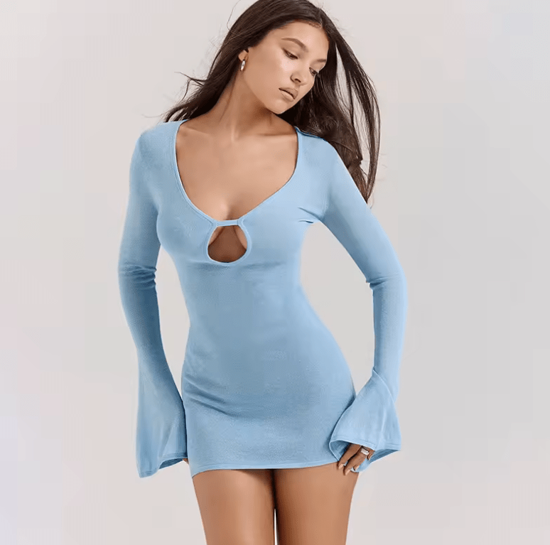 Women’s Sexy Solid Color Hollow-Out Bodycon Dress – Round Neck Bag Hip Vacation Style | Spring Summer Long Horn Sleeve Party Dress