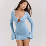 Women’s Sexy Solid Color Hollow-Out Bodycon Dress – Round Neck Bag Hip Vacation Style | Spring Summer Long Horn Sleeve Party Dress