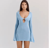 Women’s Sexy Solid Color Hollow-Out Bodycon Dress – Round Neck Bag Hip Vacation Style | Spring Summer Long Horn Sleeve Party Dress