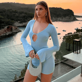 Women’s Sexy Solid Color Hollow-Out Bodycon Dress – Round Neck Bag Hip Vacation Style | Spring Summer Long Horn Sleeve Party Dress