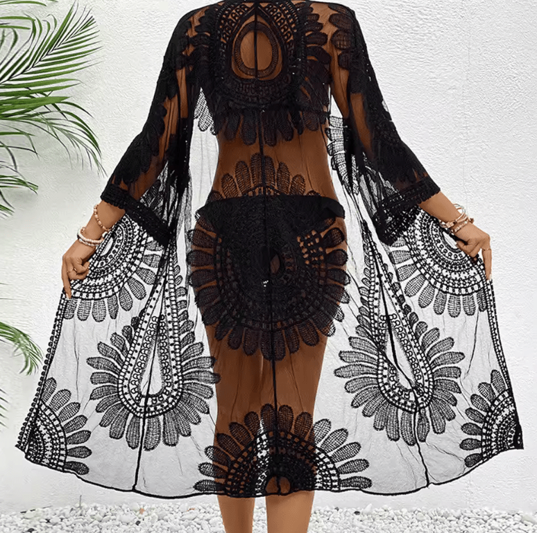 Women’s Lace Kimono Beach Cover-Up – Sheer Floral Embroidered Crochet Swimwear Overlay | Summer Bikini Bathing Suit Beachwear