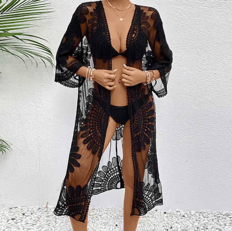 Women’s Lace Kimono Beach Cover-Up – Sheer Floral Embroidered Crochet Swimwear Overlay | Summer Bikini Bathing Suit Beachwear