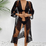 Women’s Lace Kimono Beach Cover-Up – Sheer Floral Embroidered Crochet Swimwear Overlay | Summer Bikini Bathing Suit Beachwear