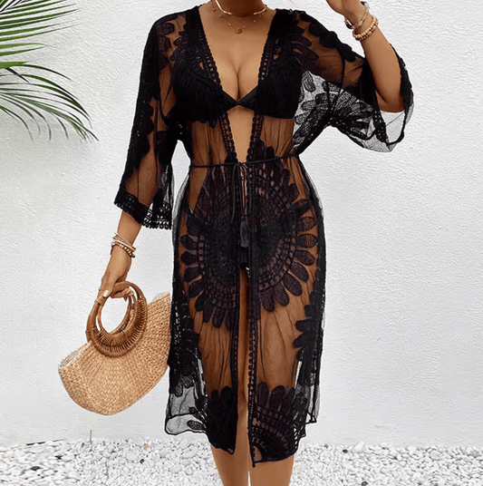 Women’s Lace Kimono Beach Cover-Up – Sheer Floral Embroidered Crochet Swimwear Overlay | Summer Bikini Bathing Suit Beachwear