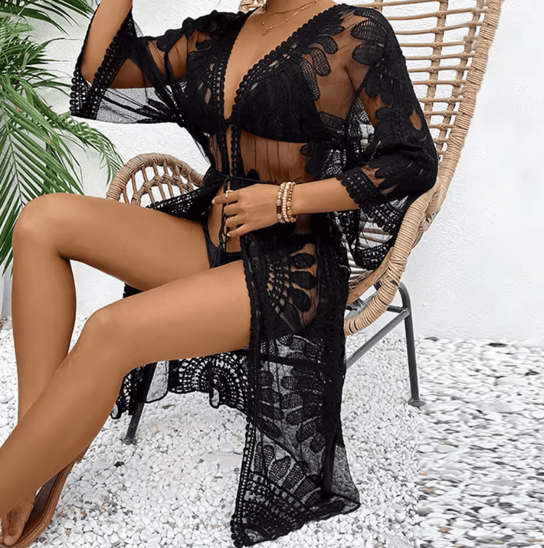 Women’s Lace Kimono Beach Cover-Up – Sheer Floral Embroidered Crochet Swimwear Overlay | Summer Bikini Bathing Suit Beachwear