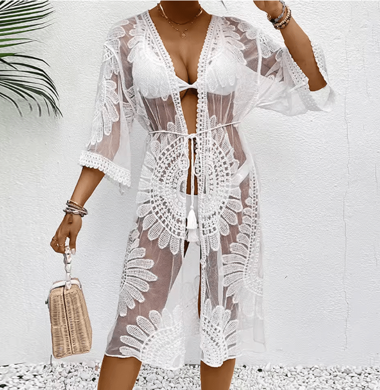 Women’s Lace Kimono Beach Cover-Up – Sheer Floral Embroidered Crochet Swimwear Overlay | Summer Bikini Bathing Suit Beachwear