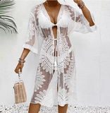 Women’s Lace Kimono Beach Cover-Up – Sheer Floral Embroidered Crochet Swimwear Overlay | Summer Bikini Bathing Suit Beachwear